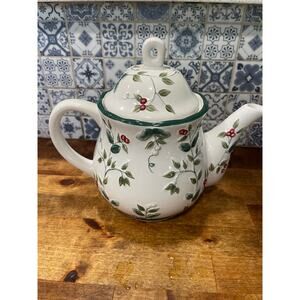 Pfaltzgraff Winterberry Ceramic Teapot | Hand-Painted Holly & Berry Design